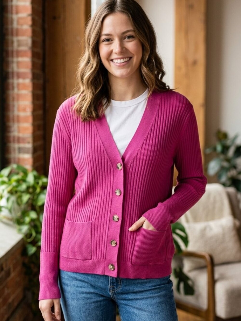 LOFT Magenta Pink Ribbed V-Neck Cardigan Sweater - Size XL